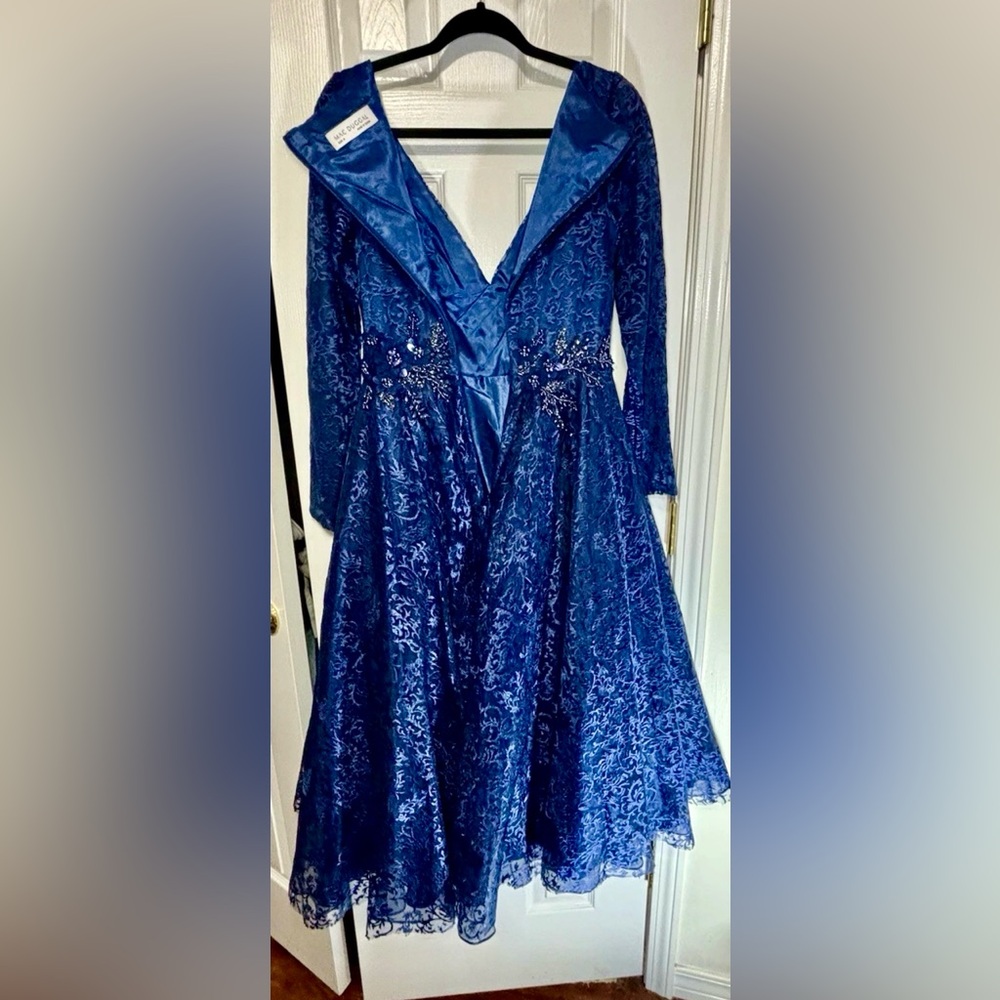 NWT MAC DUGGAL SZ 6 Midnight Blue Tea Length Sequin Gown #112181 - Picture 5 of 12